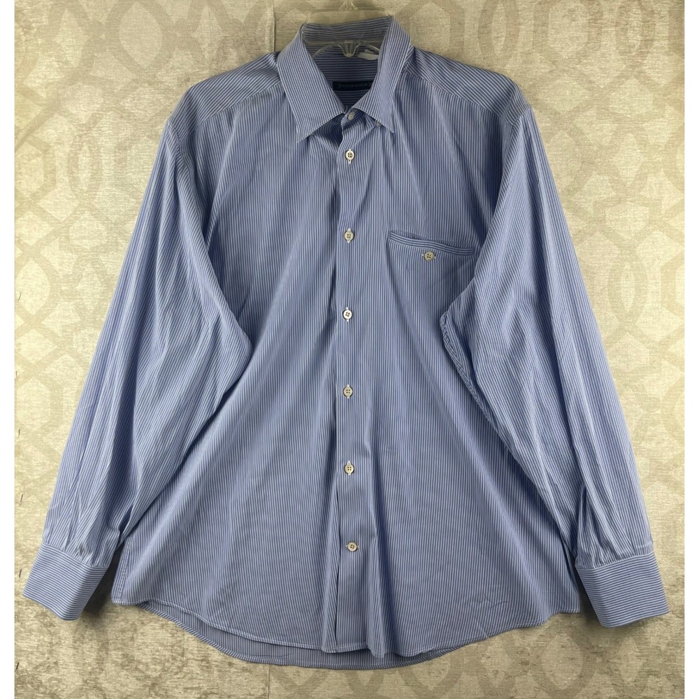 Massimo Bizzocchi Dress Shirt Mens 16.5 Blue White Striped Point Collar Cotton